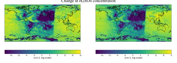 Maps comparing simulated and predicted aerosol concentration changes.