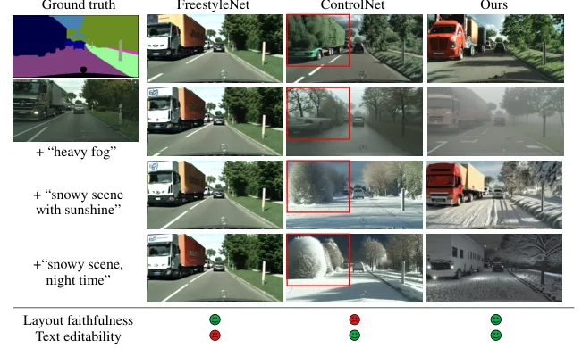Layout-conditioned image generation under different text descriptions and weather conditions.
