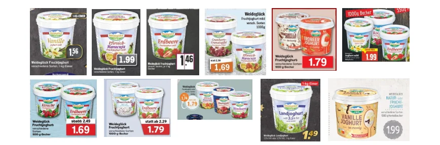 Retail advertisement crops showing visually similar products and their prices.