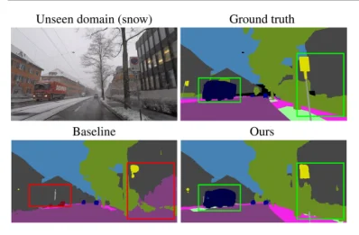 Segmentation of an unfamiliar snowy scene with and without style augmentation.
