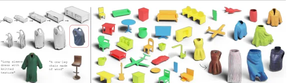 Examples of generated 3D shapes spanning furniture, vehicles, and clothing.
