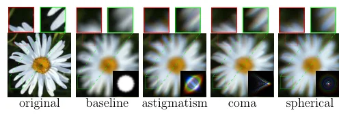 A flower image under different optical aberrations, including astigmatism and coma.