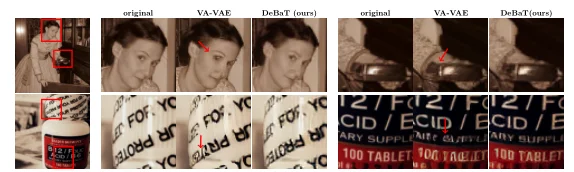 Fine-detail reconstruction crops comparing DeBaT with a baseline tokenizer.
