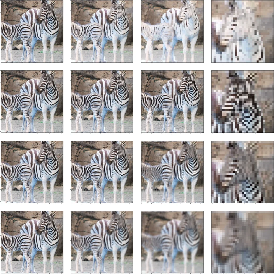 Comparison of MaxPooling, strided downsampling, FLC Pooling, and ASAP on a zebra image.